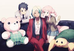  bad_id bad_pixiv_id braid brother_and_sister brown_hair cellphone couch female gouenji_shuuya gouenji_yuuka inazuma_eleven_(series) inazuma_eleven_go kokutouwo long_hair necktie phone pink_hair school_uniform short_hair siblings skirt smile stuffed_animal stuffed_toy teddy_bear turtle twin_braids utsunomiya_toramaru 