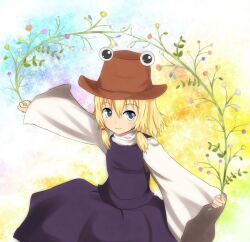  blonde_hair blue_eyes commentary_request female flower gradient_background hair_ribbon hat leaf light_smile long_sleeves looking_at_viewer moriya_suwako ribbon shirt short_hair sidelocks skirt smile solo sparkle touhou tress_ribbon umi_suzume vest wide_sleeves 