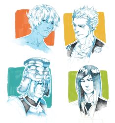  4boys armor blue_theme chinese_commentary commentary_request dark-skinned_male dark_skin eumenes_(fate) fate/zero fate_(series) helmet ionioi_hetairoi_(fate) isist long_hair male_focus mithrenes_(fate) multiple_boys photoshop_(medium) portrait sideburns 