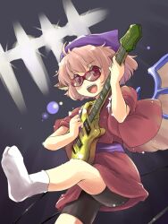  alternate_costume animal_ears bad_id bad_pixiv_id bespectacled bike_shorts bird_ears bird_wings blush brown_kimono choujuu_gigaku electric_guitar female glasses guitar head_scarf instrument japanese_clothes kimono looking_at_viewer mystia_lorelei nise_nanatsura obi okamisty open_mouth pink_hair red_eyes sash short_hair smile solo tabi tasuki touhou white_legwear wings 