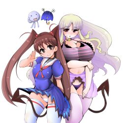  2girls amano_taiki bell breast_hold breasts brown_eyes brown_hair choker demon_tail female hair_bobbles hair_ornament highres hips huge_breasts long_hair multiple_girls open_clothes open_skirt panties purple_panties school_uniform shi_osuta_ooyake simple_background skirt skirt_flip standing tail thighhighs thighs twintails underwear white_background white_hair white_legwear white_panties white_thighhighs wide_hips 