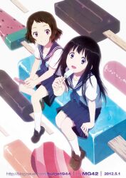  2girls artist_name black_hair brown_hair bulge1944 chitanda_eru commentary_request dated eyelashes food hyouka ibara_mayaka kamiyama_high_school_uniform_(hyouka) long_hair long_legs looking_at_viewer multiple_girls photoshop_(medium) popsicle purple_eyes school_uniform serafuku short_hair skirt smile watermark watermelon_bar web_address 