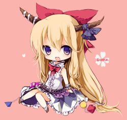  bad_id bad_pixiv_id blonde_hair blush bow chains chibi commentary_request female hairbow heart horn_ornament horn_ribbon horns ibuki_suika long_hair oerba_yun_fang open_mouth purple_hair ribbon sitting smile solo touhou yukimiya_(parupunta) 