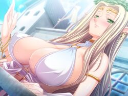  blonde_hair breasts celestine_lucullus dutch_angle embarrassed female game_cg green_eyes hikage_eiji huge_breasts jewelry kuroinu_kedakaki_seijo_wa_hakudaku_ni_somaru kuroinu_~kedakaki_seijo_wa_hakudaku_ni_somaru~ liquid_(artist) liquid_(company) long_pointy_ears lots_of_jewelry lucullus_celestine nexton outdoors pointy_ears revealing_clothes solo street very_long_hair 