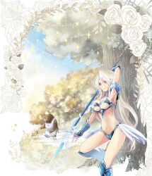  apron armpits bad_id bad_pixiv_id bear breasts female flower isu_(artist) long_hair medium_breasts midriff pixiv_fantasia pixiv_fantasia_sword_regalia polearm purple_eyes rose smile solo spear weapon white_flower white_hair white_rose 