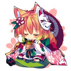  animal_ears bell blonde_hair cherry_blossom_print chibi closed_eyes commentary_request cup detached_sleeves female floral_print flower fox_ears fox_mask gloves hair_flower hair_ornament mask oerba_yun_fang oil-paper_umbrella original photoshop_(medium) pillow shirokitsune shiroro shoes short_hair sitting smile solo teacup umbrella unworn_shoes 