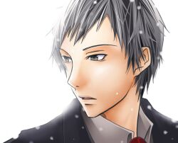  1boy aglio brown_eyes commentary_request formal grey_hair jacket male_focus necktie painttool_sai_(medium) persona persona_3 sanada_akihiko snow solo suit 