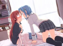  2girls all_fours arm_support bed black_socks blanket blue_eyes blue_hair blush book clenched_teeth clock collarbone commentary_request curtains eye_contact face-to-face forehead-to-forehead glass hair_ornament hairclip heads_together indoors kneehighs kneeling kyuubee long_hair long_sleeves looking_at_another mahou_shoujo_madoka_magica mahou_shoujo_madoka_magica_(anime) miki_sayaka mitakihara_school_uniform multiple_girls open_mouth plaid plaid_skirt red_eyes red_hair ryuunosuke_(luckyneco) sakura_kyoko school_uniform short_hair sitting skirt socks teeth tissue tissue_box towel window worried yuri 