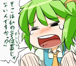  =_= blush commentary_request daiyousei female green_hair hihachi open_mouth side_ponytail simple_background solo tears text_in_mouth touhou translated 