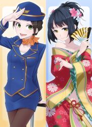  2girls :d bad_id bad_pixiv_id bare_shoulders black_hair brown_hair flight_attendant flower folding_fan green_eyes hair_flower hair_ornament hairpin hand_fan hat idolmaster idolmaster_cinderella_girls japanese_clothes multiple_girls navel off_shoulder open_mouth pantyhose pencil_skirt ponytail salute scarf skirt smile soma_natsumi takafuji_kako tkhs travel_attendant yellow_eyes 