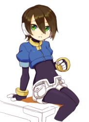  aile_(mega_man_zx) bodysuit bracelet brown_hair commentary_request female green_eyes groin jewelry mega_man_(series) mega_man_zx shigehiro_(hiroi_heya) short_shorts shorts sitting solo table white_shorts 