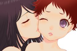  2girls bare_shoulders black_hair blush closed_eyes commentary_request eyelashes hakodate_youjin_buraichou_himegami hijikata_hyou himeka_(himegami) kissing kissing_cheek long_hair multiple_girls one_eye_closed parted_lips photoshop_(medium) pink_lips portrait purple_eyes red_hair short_hair swept_bangs tamaki_nozomu weapon yuri 