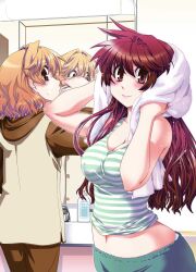  1boy blonde_hair blush breasts brown_eyes brown_hair brushing_teeth commentary_request drying drying_hair female fetix! hashinomoto_maaya hashinomoto_rintarou highres ikuya_daikokudou large_breasts long_hair midriff navel otoko_no_ko red_eyes red_hair short_hair smile tank_top towel 