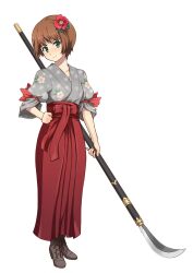  blue_door brown_hair commentary_request female flower full_body green_eyes hair_flower hair_ornament hakama hakama_skirt highres japanese_clothes miko naginata original polearm red_hakama short_hair simple_background skirt smile solo weapon white_background 