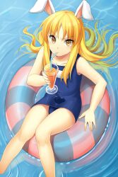  animal_ears bad_id bad_pixiv_id blonde_hair cannelle_(sword_girls) drink female highres innertube jenevan long_hair one-piece_swimsuit rabbit_ears school_swimsuit solo swim_ring swimsuit sword_girls yellow_eyes 