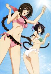  2girls absurdres animal_ears ass bikini black_hair braid day highres imageboard_desourced long_hair matsumoto_keita multiple_girls neris_(shining_hearts) non-web_source nyantype official_art paw_pose scan shaomei_rin shining_(series) shining_hearts side-tie_bikini_bottom sky swimsuit tail tail_through_clothes very_long_hair 