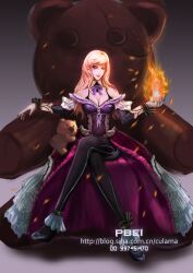  aged_up annie_(league_of_legends) bad_link bare_shoulders black_pantyhose blonde_hair breasts cleavage crossed_legs dress female fire highres league_of_legends lips long_hair medium_breasts pantyhose pbei photoshop_(medium) pyrokinesis sitting solo stuffed_animal stuffed_toy teddy_bear yellow_eyes 