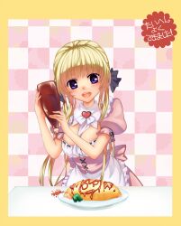  blonde_hair blush border breasts checkered_background commentary_request female food heart kawagoe_pochi long_hair maid medium_breasts omelet omurice open_mouth purple_eyes smile solo tsukuyomi_ai very_long_hair voiceroid 