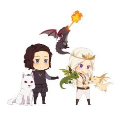  1boy a_song_of_ice_and_fire animification artist_request black_eyes black_hair breasts chibi cleavage crown daenerys_targaryen dragon drogon female fire full_body ghost_(a_song_of_ice_and_fire) highres jewelry jon_snow long_hair necklace purple_eyes red_eyes rhaegal small_breasts transparent_background viserion white_hair wolf 