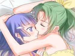  2girls aoki_reika bare_shoulders blue_eyes blue_hair blush closed_eyes commentary_request green_hair hair_tubes head_hold kissing kissing_cheek kissing_eye long_hair lying midorikawa_nao multiple_girls on_side ooshima_tomo ponytail precure short_hair smile_precure yuri 