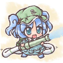  :d backpack bag blue_eyes blue_hair chibi commentary_request female hair_bobbles hair_ornament hat holding hose kawashiro_nitori lowres onmitsu_doushin_a open_mouth smile solo touhou two_side_up 