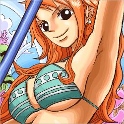  armpits bikini bikini_top_only black_eyes breasts clima-tact commentary_request earrings female jewelry kiyu_(zuyu) large_breasts long_hair lowres nami_(one_piece) one_piece orange_hair smile solo swimsuit underboob 