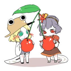  2girls bad_id bad_pixiv_id blonde_hair cherry chibi commentary_request food fruit green_eyes hat kemonomimi_mode kiguchiko lowres moriya_suwako multiple_girls purple_hair red_eyes snake_tail tadpole_tail tail thighhighs touhou yasaka_kanako 