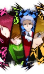  2boys 2girls all-out_attack brown_eyes brown_hair checkered chiizu_ochaduke commentary_request green_eyes green_jacket grin hair_over_one_eye hanamura_yousuke jacket kirijou_mitsuru multiple_boys multiple_girls open_mouth persona persona_3 persona_4 profile red_eyes red_hair sanada_akihiko satonaka_chie school_uniform smile transparent_background white_hair 