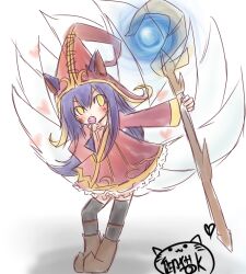  aged_down ahri_(league_of_legends) alternate_height animal_ears candy commentary ears_through_headwear english_commentary female food fox_tail fusion hand_on_own_hip hat heart league_of_legends leaning_forward lollipop long_hair lulu_(league_of_legends) multiple_tails neko_baby pointy_ears purple_hair solo staff tail whiskers witch_hat yellow_eyes yordle 