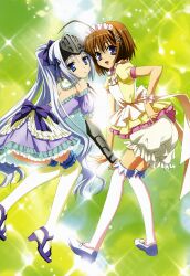  2girls :d :o absurdres ahoge armor bare_back bare_shoulders bloomers blue_eyes brown_hair dress eucliwood_hellscythe frilled_legwear hair_ornament hair_ribbon haruna_(korezom) highres kore_wa_zombie_desu_ka? long_hair looking_at_viewer looking_back multiple_girls nyantype oerba_yun_fang official_art open_mouth purple_eyes ribbon sandals scan short_hair smile sparkle tagashira_shinobu thighhighs underwear very_long_hair visor_(armor) white_hair white_legwear 