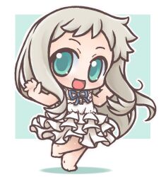  :d ano_hi_mita_hana_no_namae_wo_bokutachi_wa_mada_shiranai. aqua_eyes barefoot chibi commentary_request dress female honma_meiko long_hair lowres onmitsu_doushin_a open_mouth smile solo sundress white_hair 