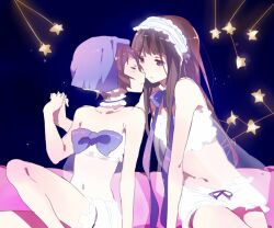  2girls bad_id bad_pixiv_id bed bow brown_hair chitanda_eru closed_eyes headdress holding_hands hyouka ibara_mayaka imminent_kiss interlocked_fingers long_hair long_legs madoromi_no_yakusoku midriff multiple_girls navel nightgown ousaka_nozomi purple_eyes ribbon star_(symbol) underwear yuri 