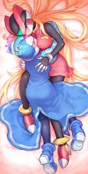  2girls blonde_hair blue_eyes breasts closed_eyes commentary_request cyber_elf_x_(mega_man) dress fingerless_gloves genderswap_(mtf) gloves helmet high_heels highres lying medium_breasts mega_man_(series) mega_man_zero_(series) multiple_girls pantyhose rule_63 shoes skirt t-tom x_(mega_man) yuri zero(z)_(mega_man) zero_(mega_man) 