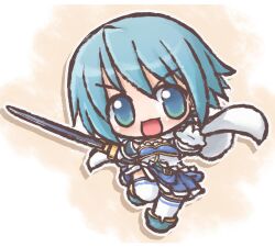  :d belt blue_eyes blue_hair cape chibi commentary_request female gloves holding lowres mahou_shoujo_madoka_magica mahou_shoujo_madoka_magica_(anime) miki_sayaka miki_sayaka_(magical_girl) onmitsu_doushin_a open_mouth skirt smile solo sword thighhighs weapon 