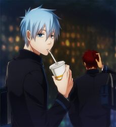  2boys bag blue_eyes blue_hair commentary_request drinking kagami_taiga kuroko_no_basuke kuroko_tetsuya male_focus multiple_boys nakamura_hiro_(nobody10ch) night photoshop_(medium) red_hair school_uniform short_hair 