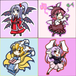  4girls animal_ears animal_hat blonde_hair chibi commentary_request fox_tail gun hat long_hair long_sleeves mob_cap multiple_girls musical_note mystia_lorelei pink_hair purple_hair rabbit_ears red_eyes reisen_udongein_inaba shinki_(touhou) shoes short_hair skirt socks tail tassel touhou touhou_(pc-98) wabi_(wbsk) weapon wide_sleeves wings yakumo_ran yellow_eyes 