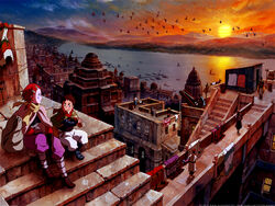  1boy bird bounen_no_xam&#039;d cityscape duplicate eating female nakiami photoshop_(medium) scenery sunset yango 