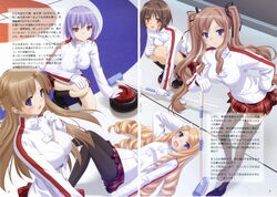  5girls absurdres artbook between_breasts blue_eyes blue_hair breasts brown_hair curling curling_stone duplicate highres kani_biimu kinoshita_tomomi konayuki_fururi large_breasts long_hair matsushima_koyuki midou_iori multiple_girls nakahara_asami pantyhose red_eyes ribbon scan skirt socks thighhighs twintails uniform very_long_hair yoshioka_saeko 