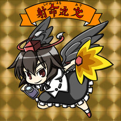  bikkuriman black_wings brown_hair camera chibi commentary_request female hand_fan hat hauchiwa looking_at_viewer red_eyes shameimaru_aya short_hair solo tokin_hat touhou wabi_(wbsk) wings 