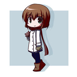  brown_hair brown_scarf chibi coat commentary_request female fictional_sister green_eyes hand_puppet mubyou pantyhose puppet scarf solo wagaya_no_oinari-sama 