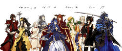  2boys 6+girls absurdres animal armor bandages black_hair blue_hair chains cloak commentary_request dragon dress drill_hair eyepatch flower garter_straps gauntlets gold_rathian green_hair hat helmet highres holding_hands horns khezu kushala_daora lao-shan_lung long_hair lunastra milestone_celebration monster_hunter_(series) multiple_boys multiple_girls nargacuga necktie ootachi personification photoshop_(medium) rathalos rathian red_hair ribbon sarashi silver_rathalos starshadowmagician sword teostra thighhighs tigrex topless weapon wrist_cuffs wyvern yama_tsukami 