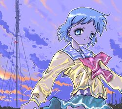  blue_eyes blue_hair closed_mouth cloud female green_skirt jaggy_lines light_blue_hair light_smile long_sleeves looking_at_viewer lowres neckerchief oekaki outdoors red_neckerchief sailor_collar school_uniform serafuku shizuku_(game) short_hair skirt sky solo sunset toshi_(little-fluffy-cloud) transmission_tower tsukishima_ruriko white_sailor_collar yellow_serafuku 