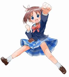  amamiya_manami bad_id bad_pixiv_id blue_eyes bow brown_hair female gakuen_utopia_manabi_straight! jumping lolicon massugu_go nyama pink_bow plaid plaid_skirt school_uniform seiou_gakuen_school_uniform skirt solo 