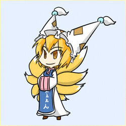  animal_hat blue_background chibi commentary_request female fox_tail hands_in_opposite_sleeves hat long_sleeves mob_cap multiple_tails short_hair solo tail tassel touhou wabi_(wbsk) wide_sleeves yakumo_ran 