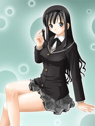  adjusting_hair amagami black_eyes black_hair female grey_skirt hairband keito_(keito-ya) kibito_high_school_uniform long_hair long_sleeves morishima_haruka pleated_skirt school_uniform sitting skirt solo 