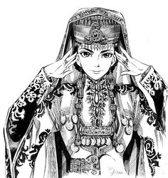  amira female greyscale headdress kazakh_clothes kazakhstan looking_at_viewer monochrome mori_kaoru otoyomegatari simple_background smile solo 