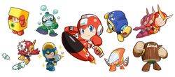  6+boys air_man alternate_color android arm_cannon blush_stickers bubble bubble_man chibi circular_saw closed_mouth commentary_request crash_man drill everyone flash_man grin heat_man kin_niku male_focus mega_man:_powered_up mega_man_(character) mega_man_(classic) mega_man_(series) mega_man_2 metal_man multiple_boys one_eye_closed parody platform_footwear quick_man saw simple_background smile sparkle style_parody weapon white_background wood_man 