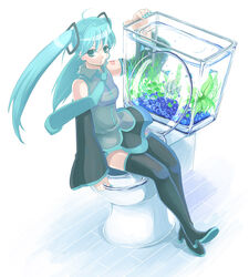  aqua_eyes aqua_hair aqua_nails bad_id bad_pixiv_id detached_sleeves female fish_tank hatsune_miku long_hair nail_polish naomi_(miette) necktie on_toilet sitting skirt solo thighhighs toilet twintails vocaloid 