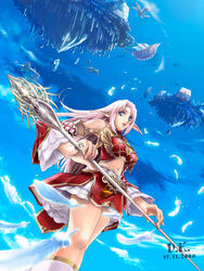  aircraft airship armor bird blue_eyes city cloud commentary crystal d.k. elf elf_(lineage_2) english_commentary engrish_commentary feathers female floating_city floating_island floating_rock flying frills highres lineage lineage_2 long_hair midriff navel pink_hair player_character_(lineage_2) pointy_ears ship solo staff watercraft 