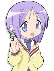  blue_eyes clannad commentary_request company_connection cosplay female fujibayashi_ryou fujibayashi_ryou_(cosplay) hair_ribbon hiiragi_tsukasa hikarizaka_private_high_school_uniform kyoto_animation lowres lucky_star purple_hair rakisana ribbon school_uniform short_hair solo thumbs_up 